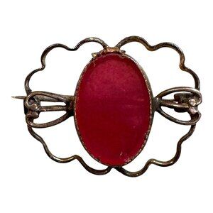 Antique Red Glass Oval Brooch Brass Filigree Pin Backing Vintage Signed Art Deco